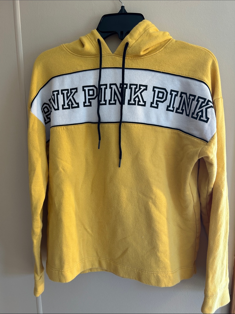 PINK Victoria's Secret Yellow Hoodie with White Chest Panel and Black Logo